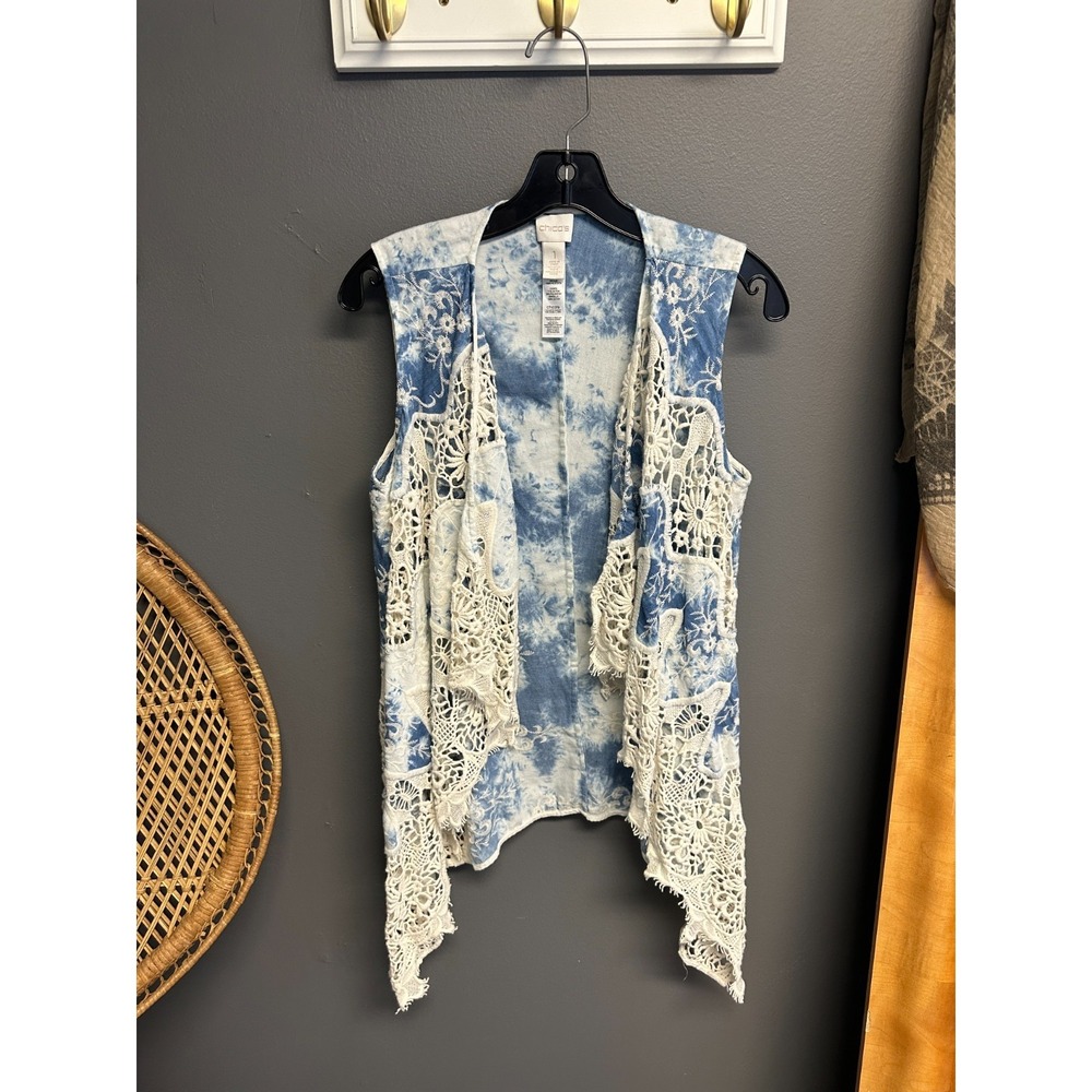 Chico's Tie Dye Lace Trim Vest Womens M Embroidered Waterfall Blue Chicos 1 Top
